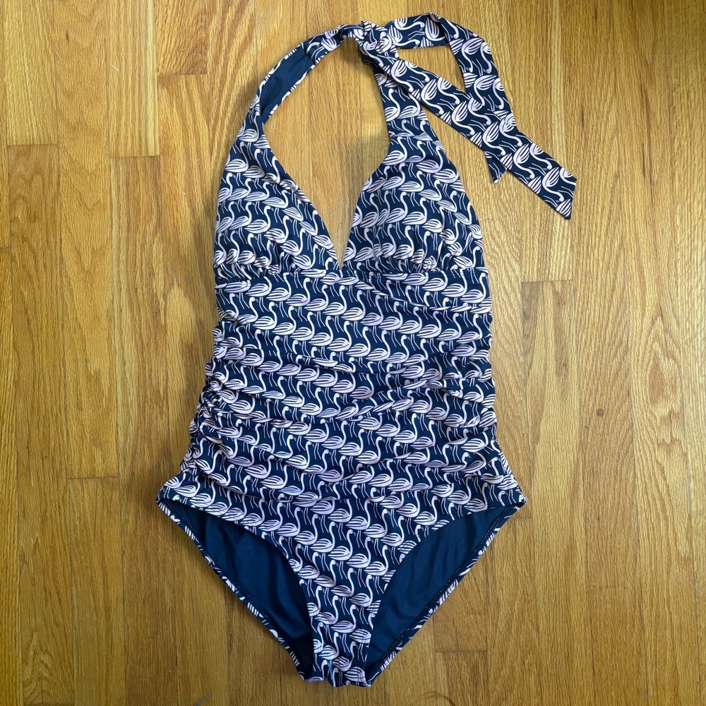 Boden Navy and White Patterned Halter One-Piece Swimsuit